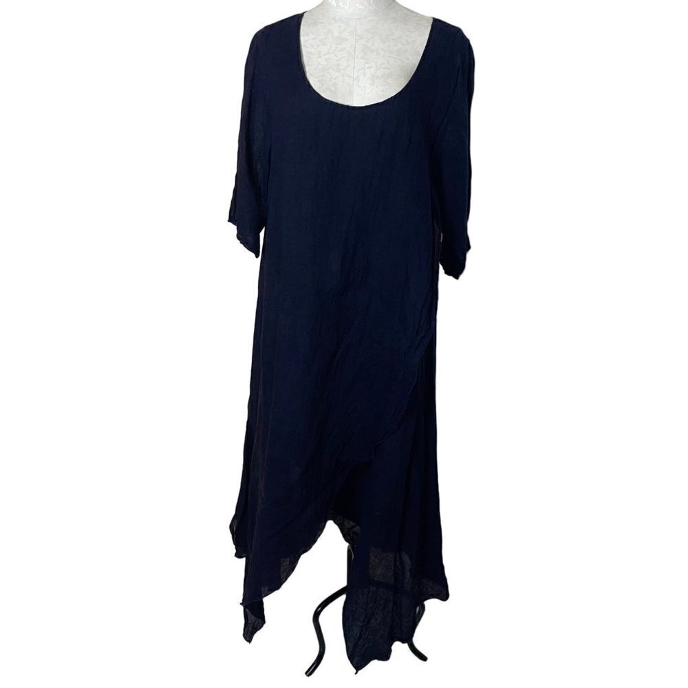 Luna Luz Maxi Dress Size Medium Blue Crossover Asymmetric Hem Lagenlook Linen
